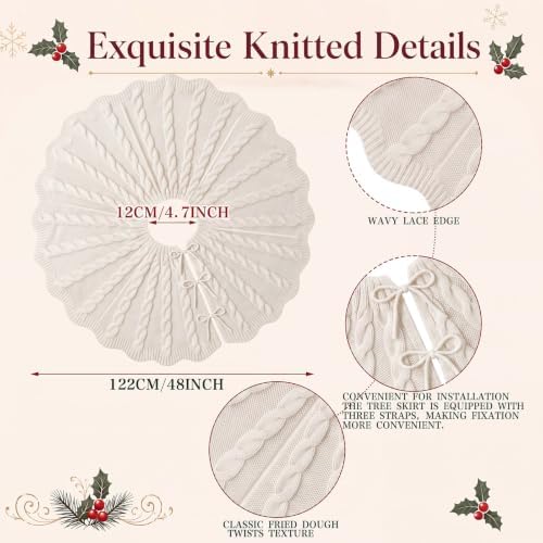Thenshop 48 Inch Chunky Cable Knit Christmas Tree Skirt Beige - Image 2