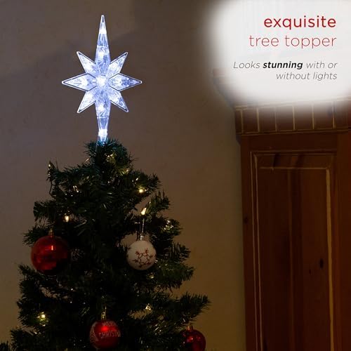 Alpine Corporation 13" Tall Snowflake 8-Point Tree Topper with 11 Cool White LED Lights, Christmas Decoration with Timer Function, and Radiant Glow for Holiday Trees - Image 3