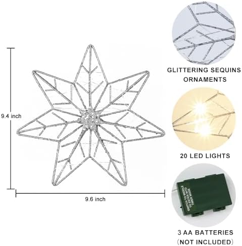 YEAHOME Christmas Tree Topper, Silver Glittered Hollow 7-Point Star Tree Topper, Lighted Wire Star with 20 LED Lights for Christmas Treetop, Xmas Tree Topper with Timer, Christmas Tree Decorations - Image 3