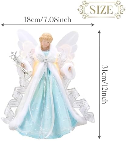 Valery Madelyn Lighted Christmas Tree Topper Angel with Timer, 12 Inch Blue and Silver Fabric Small Angel Tree Topper with Lights for Christmas Tree Decoration Indoor, Battery Operated - Image 3