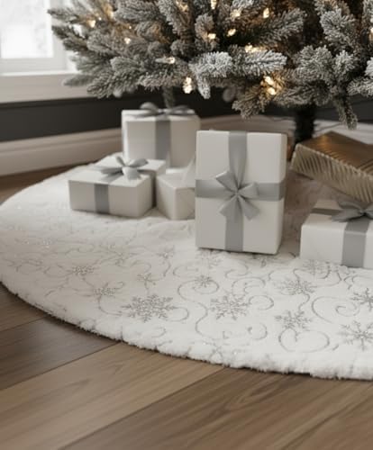 36 Inch Sequin Faux Fur Christmas Tree Skirt for Christmas Tree Decorations White Plush Silver Sequin Snowflake Tree Skirt - Image 2