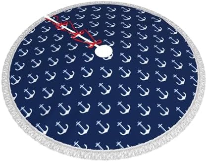 Xmas Tree Skirt 36" Inch,Navy Blue Nautical Anchor White Tassel Edge Rustic Christmas Tree Skirts for Party Holiday Decorations Xmas Ornaments - Image 2