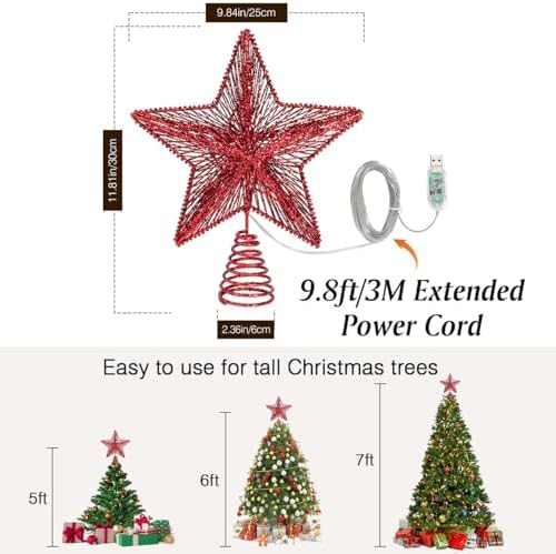 Lewondr Lighted Christmas Star Tree Topper with Remote & Timer, Red - Image 4