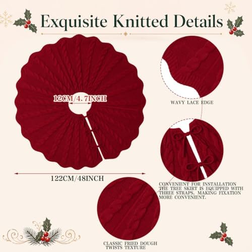 Thenshop 48 Inch Chunky Cable Knit Christmas Tree Skirt Burgundy - Image 2