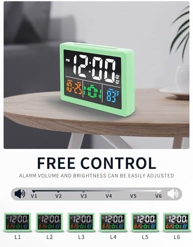 JALL Digital Clock with Date Day for Seniors, Electric Alarm Clocks for Bedrooms with Temperature, 2 Alarms, Dimmer, Dual USB Charger, Battery Backup, Volume Control, Snooze, Bedside Desk Clock, Green - Image 4