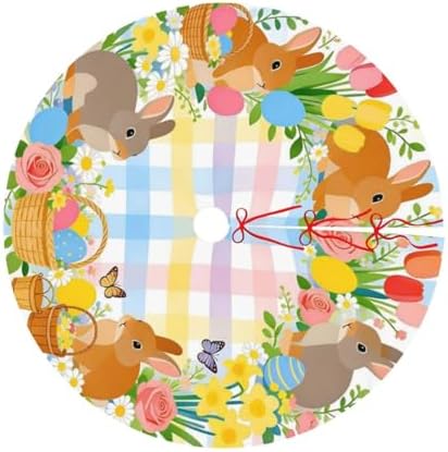 Christmas Tree Skirt, Happy Easter Colorful Easter Egg Bunny Grass On Blue Wooden Xmas Large Tree Mat, Party Decorations 36" inches - Image 7