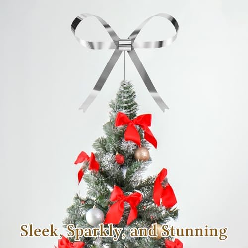 HMASYO Christmas Tree Topper Bow, 10.5 Inch Large Silver Metal Bow Tree Topper with Spiral Base for Holiday Xmas Party Christmas Tree Top Decorations (Silver) - Image 2