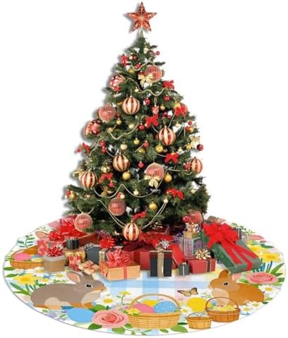 Christmas Tree Skirt, Happy Easter Colorful Easter Egg Bunny Grass On Blue Wooden Xmas Large Tree Mat, Party Decorations 36" inches - Image 5