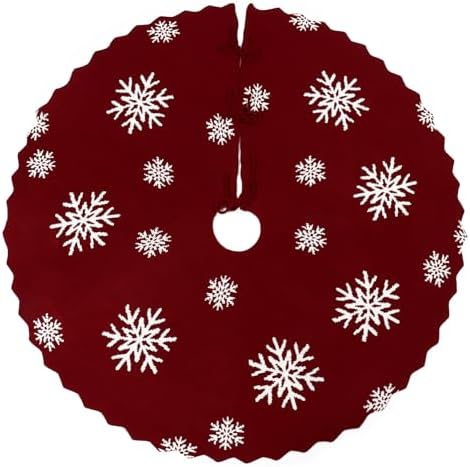Christmas Tree Skirt, Snowflakes Xmas Tree Skirt, 48 inch Red Cable Knit Knitted Thick Farmhouse Rustic Christmas Tree Skirts Xmas Holiday Decoration (48in) - Image 2