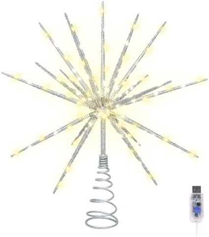 HMASYO 15 Inch Twinkling Starburst Christmas Tree Star Topper, 19-Point Silver Star Tree Topper with 150 LED, Remote Control & Timer, USB Power for Indoor Home Holiday Party Xmas Tree Decoration - Image 2