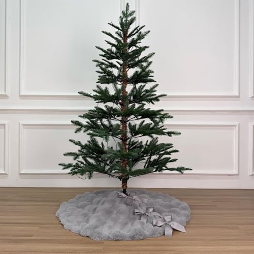 36-Inch Puff Quilt Faux Fur Christmas Tree Skirt, Soft Plush Tufted Texture with Satin Ribbon Ties, Cloud Gray - Image 2