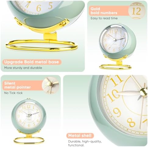 Analog Alarm Clocks,Retro Backlight Cute Simple design Small desk Clock With Night Light,Silent Non-Ticking,Battery Powered,For Kids,teens,Bedroom,travel,kitchen,Bedside Desk decor. (Nostalgic Green) - Image 4