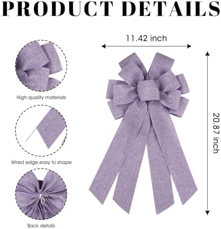 Purple Large Bow for Wreath Tree Topper 11x21 Inch Linen Texture Wired Ribbon Big Bows for Front Door Spring Easter Halloween Decor Gift - Image 2