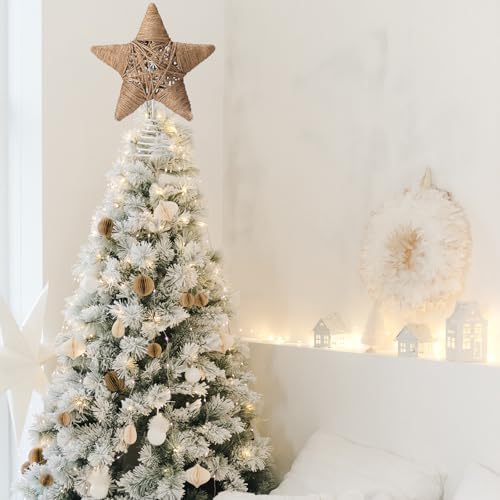 Gejoy Christmas Rustic Tree Topper 9.7 Inch Woven Jute Star Boho - Image 6