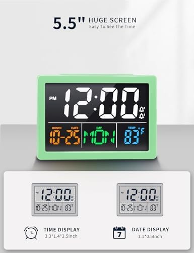 JALL Digital Clock with Date Day for Seniors, Electric Alarm Clocks for Bedrooms with Temperature, 2 Alarms, Dimmer, Dual USB Charger, Battery Backup, Volume Control, Snooze, Bedside Desk Clock, Green - Image 2