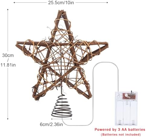 Christmas Tree Topper Farmhouse Christmas Decor Christmas Tree Decorations Rattan Natural Christmas Tree Star with 10 Warm LED Lights for Rustic Christmas Ornaments Holiday Seasonal Decoration 10 Inch - Image 5
