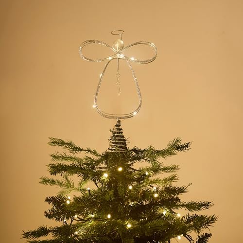 Valery Madelyn Lighted Christmas Tree Topper Angel with Timer, 12 Inch Pre-Lit Silver Metal Small Angel Tree Topper with Lights for Christmas Tree Decor Indoor, Battery Operated, Valentines Gift - Image 3