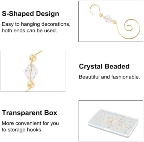 INCREWAY 30PCS Christmas Ornament Hooks with Diamond Shaped Beads, S-Shaped Decorative Hangers Gold Metal Wire Clear Crystal Beads for Christmas Tree Decorations Party Crafts Door Frame - Image 3