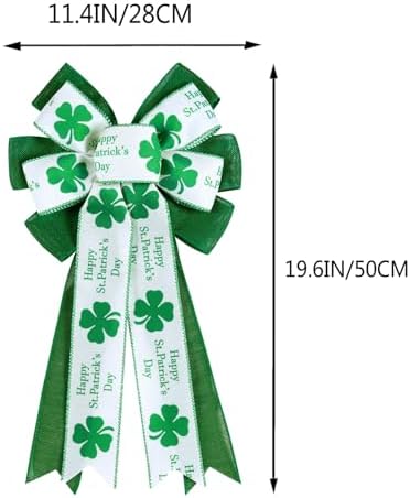 2 Pcs St Patricks Day Bows for Wreath Outdoor Decorations,St Patricks Day Tree Topper Bows,Large White Green Burlap Shamrock Bowknot Irish Holiday Crafts Bows for Front Door Decor - Image 2