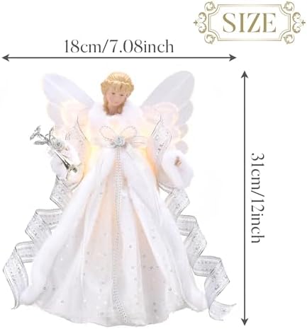 Valery Madelyn Lighted Christmas Tree Topper Angel with Timer, 12 Inch White and Silver Fabric Small Angel Tree Topper with Lights for Christmas Tree Decoration Indoor, Battery Operated - Image 3