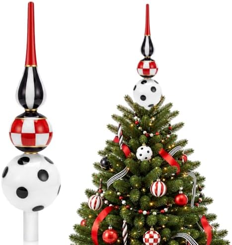 Roowest 13 Inch Black and White Checkered Glass Christmas Tree Topper Decor by Roowest
