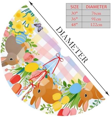 Christmas Tree Skirt, Happy Easter Colorful Easter Egg Bunny Grass On Blue Wooden Xmas Large Tree Mat, Party Decorations 30" inches - Image 2