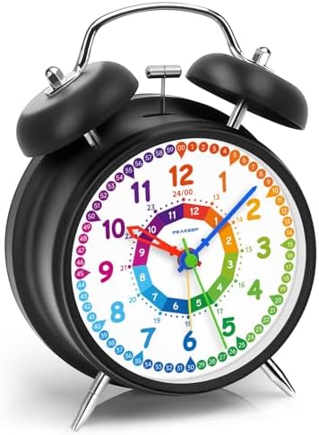 Peakeep Learning Clock for Kids Time Teaching, Loud Alarm to Wake Up | 4.5" Twin Bell Alarm Clock Battery Operated for Teenagers Kids, Kids' Room (Black) by PEAKEEP