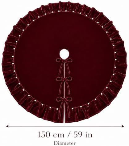 59-Inch Burgundy Ruffled Velvet Christmas Tree Skirt with Pearl-Trimmed Pleated Edge and Bow Ties, Extra Large Round Xmas Tree Base Cover for Holiday Home and Party Decor, 150 cm - Image 5