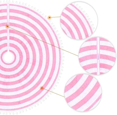 48 Inch Pink and White Christmas Tree Skirt with Pom Poms - Image 5