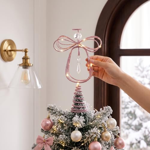 Valery Madelyn Lighted Christmas Tree Topper Angel with Timer, 10 Inch Pre-Lit Pink Metal Small Angel Tree Topper with Lights for Christmas Tree Decoration Indoor, Battery Operated, Valentines Gifts - Image 3