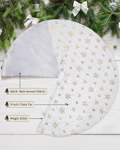 COOLWUFAN 48 Inches Faux Fur Christmas Tree Skirt for Xmas Tree Holiday Party Decoration White Plush Gold Sequin Snowflake (Gold) - Image 3