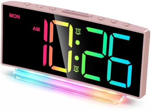Cadmos Modern Curved Cute Digital Alarm Clock,Colorful Led Display,Adjustable Volume,Weekday/Weekend Mode,Simple Clock for Bedrooms Bedside,Ok to Wake Up for Girls,Kids,Teens (Pink+Dynamic) by Cadmos