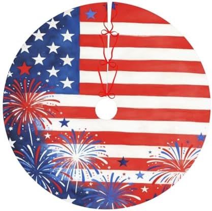 Christmas Tree Skirt, American Flag Firework Patriotic Memorial Day Xmas Large Tree Mat, New Year Festive Holiday Party Decorations 36" inches - Image 6