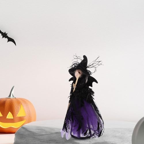 Alipis Halloween Witch Tree Topper, Black Witch Doll Ornament with Black Pointed Hat and Flying Broom Christmas Tree Top for Desktop Treetop Fireplace Halloween Decor - Image 4