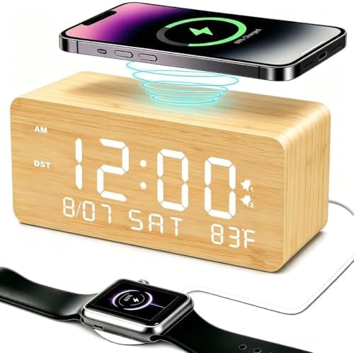Andoolex Wooden Digital Alarm Clock with Wireless Charging, 0-100% Adjustable Brightness Dimmer and Alarm Volume, Weekday/Weekend Mode, Dual Alarm, Snooze, 12/24H, Wood LED Clock for Bedroom (Bamboo) by Andoolex