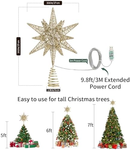 Lewondr Christmas Star Tree Topper, 14.6" Lighted Glitter 3D Star Treetop - Image 5