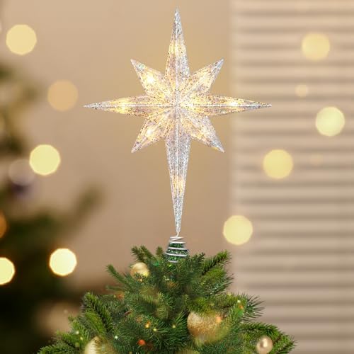 Luxspire Christmas Tree Topper, Lighted Star Tree Topper with USB Plug-in & Remote Control, 10" LED Christmas Decorations Light, Xmas Trees Vintage Ornament for Home, Bethlehem Star-Silver by Luxspire