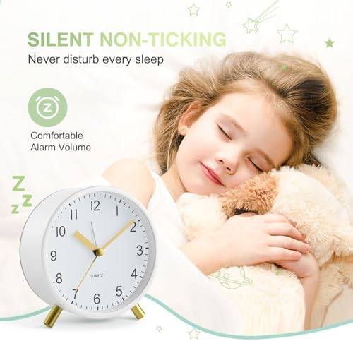 Analog Alarm Clock, Silent Non-Ticking with Night Light, Fashionable Round Metal Alarm Clock for Office, Battery Operated, Bedroom, Elderly, Adults, Children, Kids, Student Gifts - Image 2