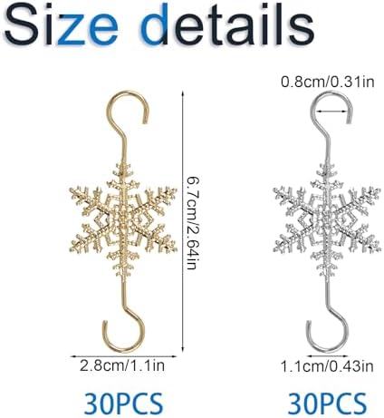 INCREWAY 60 Pcs Christmas Ornament Hooks Sliver Gold Snowflake Decorative Ornament Hangers for Xmas Christmas Tree for Small Ornaments - Image 2