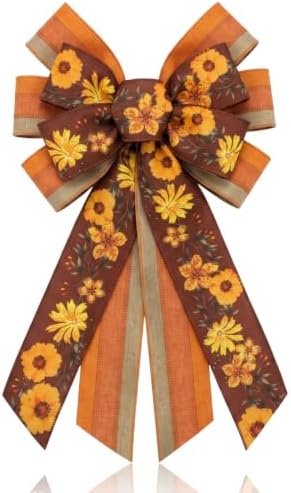 Large Thanksgiving Fall Wreath Bow, Orange Floral Tree Topper Bows by On-Airstore
