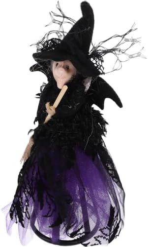 Alipis Halloween Witch Tree Topper, Black Witch Doll Ornament with Black Pointed Hat and Flying Broom Christmas Tree Top for Desktop Treetop Fireplace Halloween Decor by Alipis