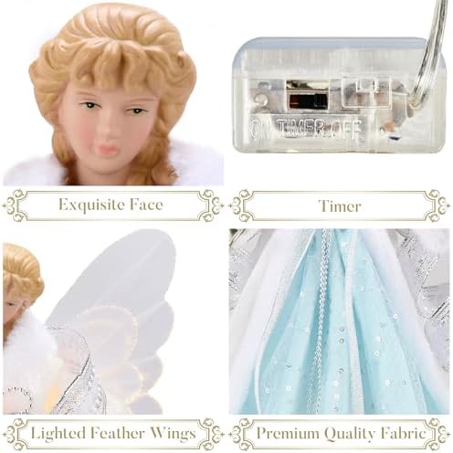 Valery Madelyn Lighted Christmas Tree Topper Angel with Timer, 12 Inch Blue and Silver Fabric Small Angel Tree Topper with Lights for Christmas Tree Decoration Indoor, Battery Operated - Image 5