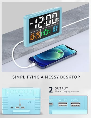 JALL Digital Clock with Date Day for Seniors, Electric Alarm Clocks for Bedrooms with Temperature, 2 Alarms, Dimmer, Dual USB Charger, Battery Backup, Volume Control, Snooze, Bedside Desk Clock, Blue - Image 6