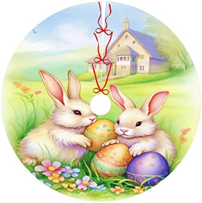 Christmas Tree Skirt, Vintage Easter Bunnies Eggs Xmas Large Tree Mat, New Year Festive Holiday Party Decorations 30" inches - Image 2