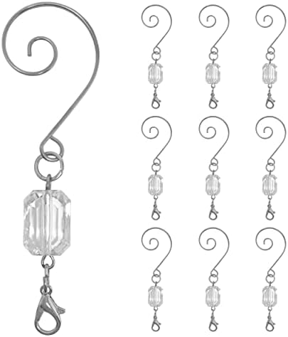 BANBERRY DESIGNS Christmas Ornament Hooks with Clear Acrylic Gem ?€? Set of 10 Silver Swivel Wire Hangers ?€? Decorative Scroll Design ?€? 3 Inch Holiday Tree Ornament Hooks by BANBERRYDESIGNS