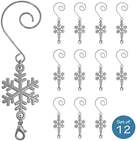 Snowflake Christmas Ornament Hooks Set of 12, Shiny Silver Christmas Tree Hangers with S-Hook and Lobster Claw, 3.5 Inch Metal Snowflake Accessories for Xmas Tree Decor, Crafts, Holiday Displays - Image 2
