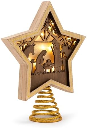 DEMDACO Lit Star Nativity Tree Topper, Gold Wooden Star, 10 x 8.5 in - Image 3
