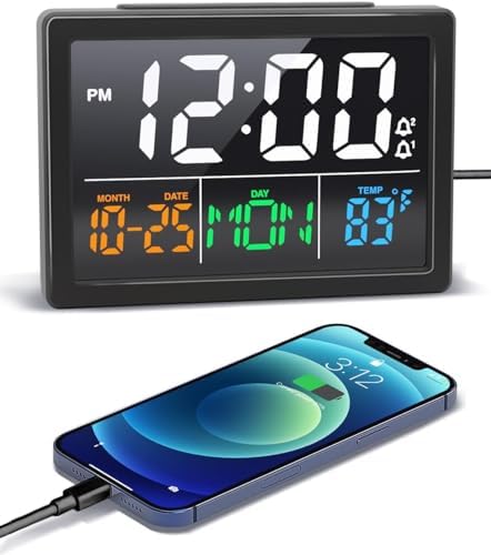 JALL Digital Clock with Date Day for Seniors, Electric Alarm Clocks for Bedrooms with Temperature, 2 Alarms, Dimmer, Dual USB Charger, Battery Backup, Volume Control, Snooze, Bedside Desk Clock, Black by JALL