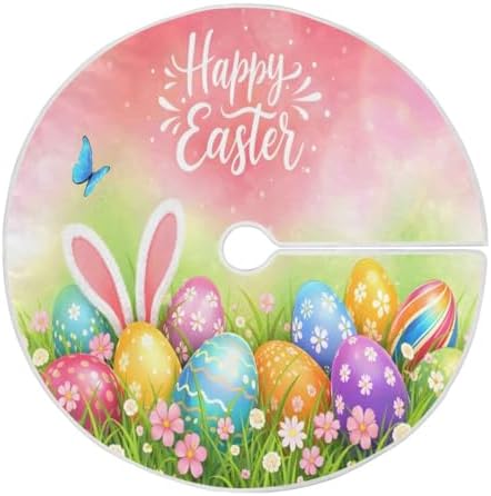 SUABO Easter Eggs Grass Butterflies Tree Skirt 48 Inch,Bunny Ears Xmas Tree Floor Door Mat for Party Decoration Holiday Decor Home Indoor Outdoor by SUABO