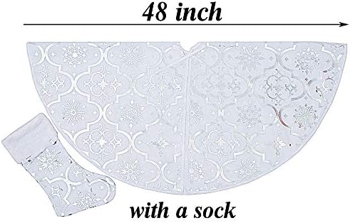 White Christmas Tree Skirt, 48 inches Large Red Flannel Tree Mat with Gilded Christmas Patterns Skirt for Xmas Tree Holiday Party Decorations Indoor Outdoor with 1 Christmas Stocking (White) - Image 2